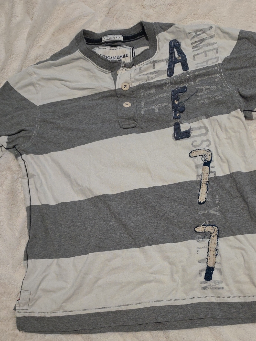 American Eagle Outfitters Gray & White Striped Henley Embroided Tee